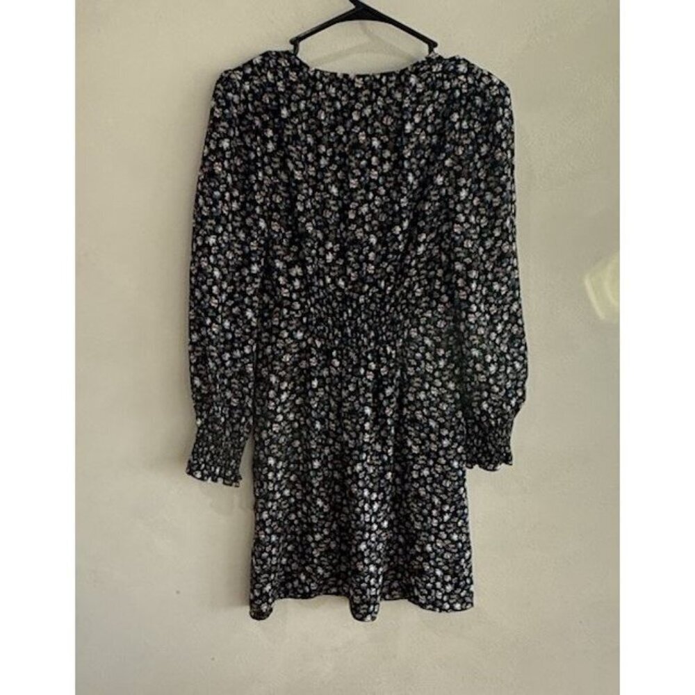 Rebecca Taylor Dress Size 2 100% Silk Black Navy Blue Pink Flowers Long Sleeve - Picture 3 of 4